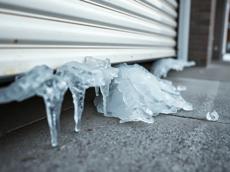 Ice built up along the bottom edge of a garage door where it meets the concrete